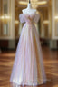 A-Line Pink Tulle Sequins Off the Shoulder Formal Prom Dress