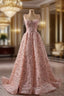 A-line Pink Tulle Sequins Spaghetti Straps Formal Prom Dress