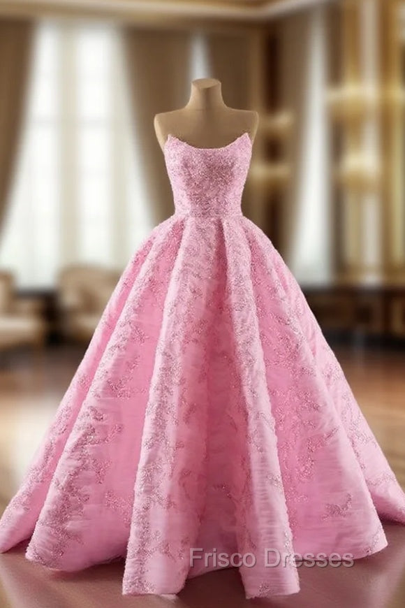 A-Line Pink Tulle Sequins Strapless Formal Prom Dress