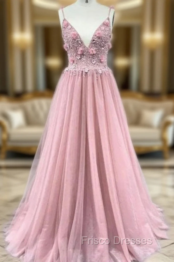 A-Line Pink Tulle Spaghetti Straps Backless Beading Formal Prom Dress