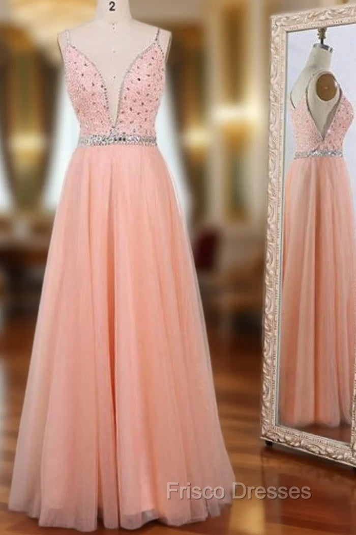 A-Line Pink Tulle Spaghetti Straps Beaded Floor Length Formal Prom Dress Main image