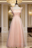 A-Line Pink Tulle Straps Ankle Length Formal Prom Dress