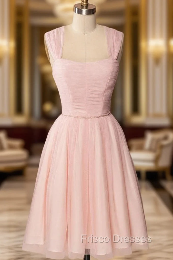 A-Line Pink Tulle Straps Pleats Beading Homecoming Dress