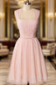 A-Line Pink Tulle Straps Pleats Beading Homecoming Dress