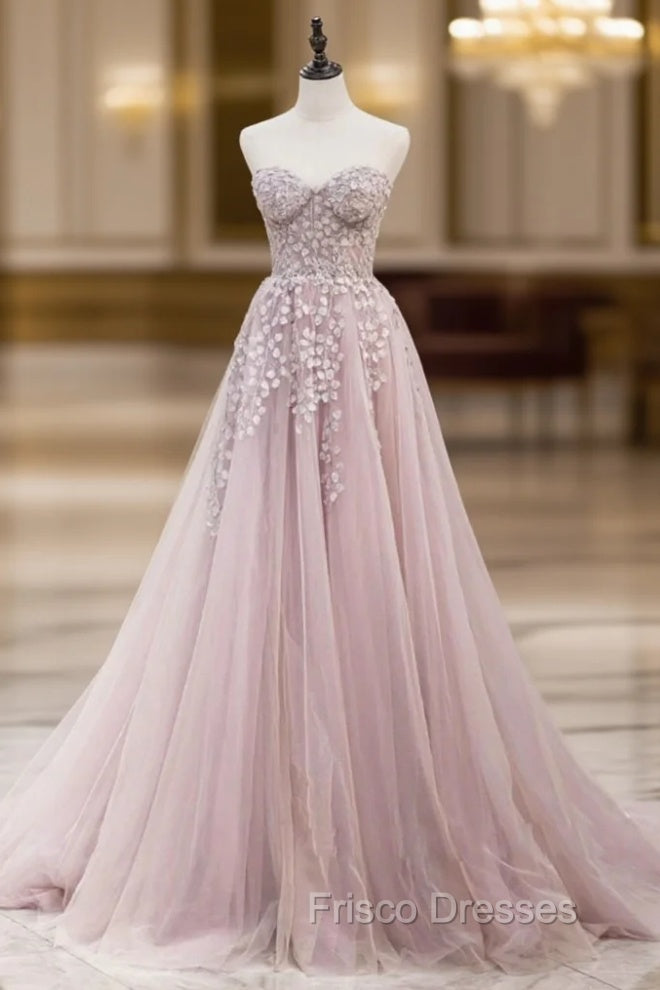 A-Line Pink Tulle Sweetheart Appliques Formal Prom Dress