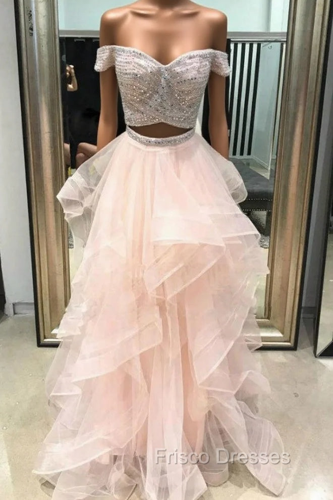 A-Line Pink Tulle Two Piece Off the Shoulder Long Formal Prom Dress