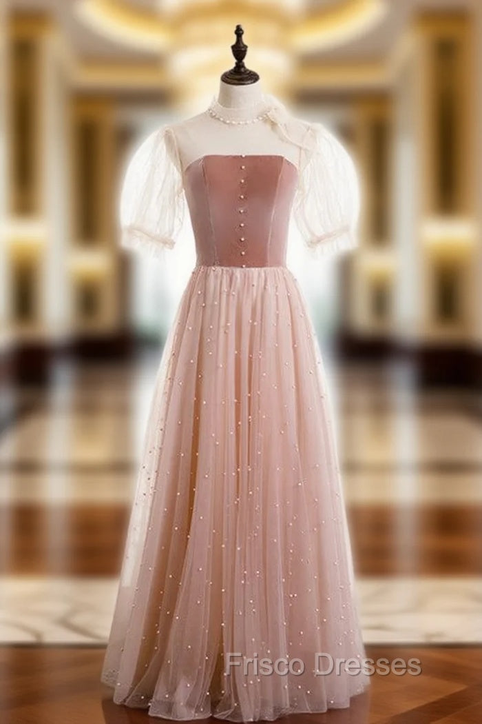 A-Line Pink Tulle Velvet High Neck Short Sleeve Formal Prom Dress
