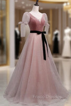 A-Line Pink Tulle Velvet Long Formal Prom Dress, Pink Formal Dress