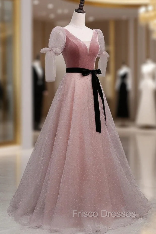 A-Line Pink Tulle Velvet Long Formal Prom Dress, Pink Formal Dress