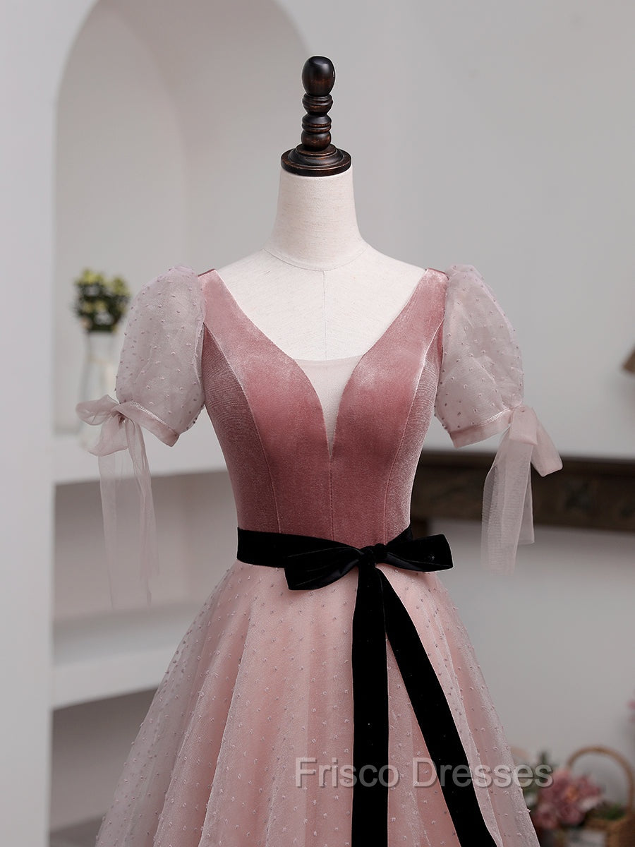 A-Line Pink Tulle Velvet Long Formal Prom Dress, Pink Formal Dress