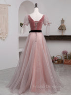 A-Line Pink Tulle Velvet Long Formal Prom Dress, Pink Formal Dress