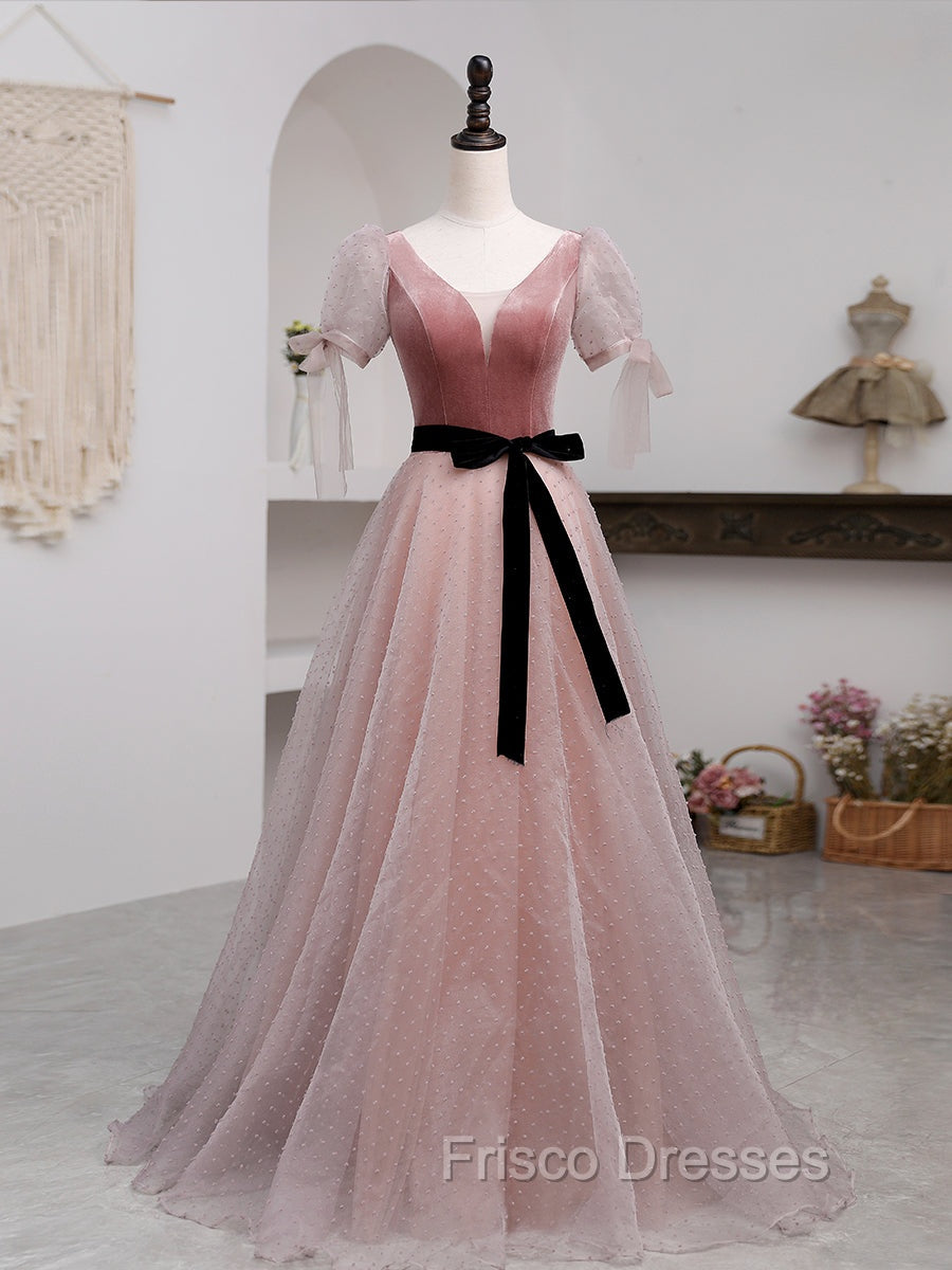 A-Line Pink Tulle Velvet Long Formal Prom Dress, Pink Formal Dress Main image