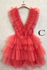 A Line Pink V Neck Tiered Homecoming Dress,Tulle Short Formal Prom Party Dress