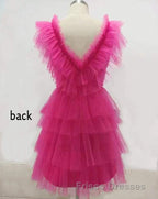 A Line Pink V Neck Tiered Homecoming Dress,Tulle Short Formal Prom Party Dress