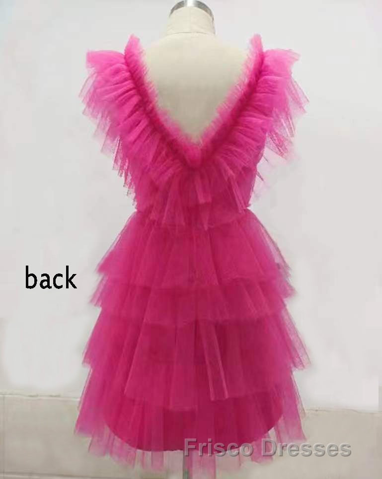 A Line Pink V Neck Tiered Homecoming Dress,Tulle Short Formal Prom Party Dress