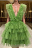 A Line Pink V Neck Tiered Homecoming Dress,Tulle Short Formal Prom Party Dress