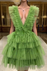 A Line Pink V Neck Tiered Homecoming Dress,Tulle Short Formal Prom Party Dress