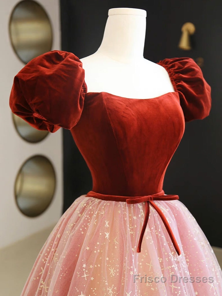 A-Line Pink Velvet Tulle Long Prom Dress, Pink Tulle Formal Evening Dress Secondary image