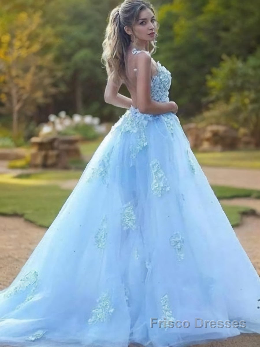 A-Line/Princess Bateau Sweep Train Tulle Prom Dresses With Appliques Lace Secondary image