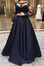 A-Line/Princess Full/Long Sleeve Bateau Long/Floor-Length Satin Formal Prom Dresses With Appliqued