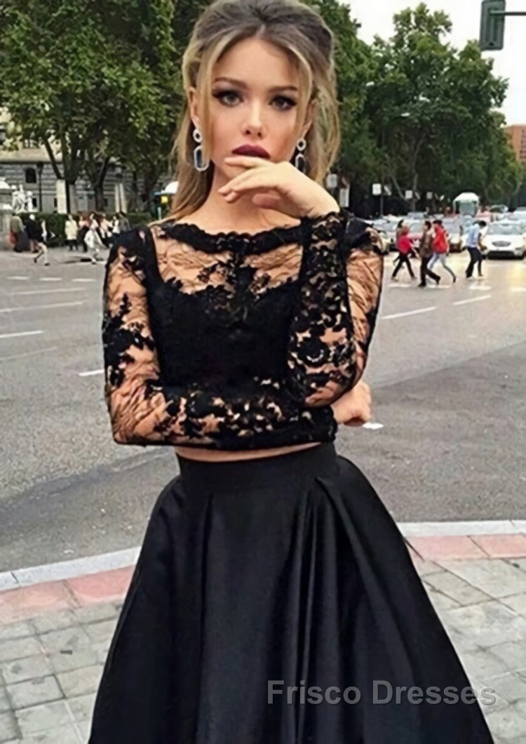 A-Line/Princess Full/Long Sleeve Bateau Long/Floor-Length Satin Formal Prom Dresses With Appliqued