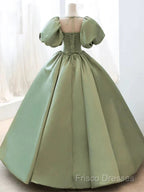 A-Line Princess Green Satin Puffy Sleeves Long Formal Dress Satin Formal Prom Dress Party Dress