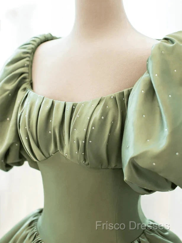 A-Line Princess Green Satin Puffy Sleeves Long Formal Dress Satin Formal Prom Dress Party Dress