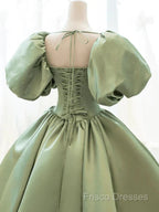 A-Line Princess Green Satin Puffy Sleeves Long Formal Dress Satin Formal Prom Dress Party Dress