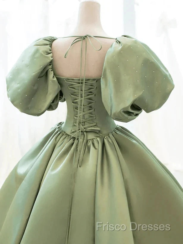 A-Line Princess Green Satin Puffy Sleeves Long Formal Dress Satin Formal Prom Dress Party Dress