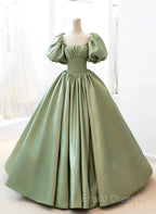 A-Line Princess Green Satin Puffy Sleeves Long Formal Dress Satin Formal Prom Dress Party Dress