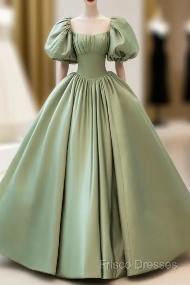 A-Line Princess Green Satin Puffy Sleeves Long Formal Dress Satin Formal Prom Dress Party Dress Main image