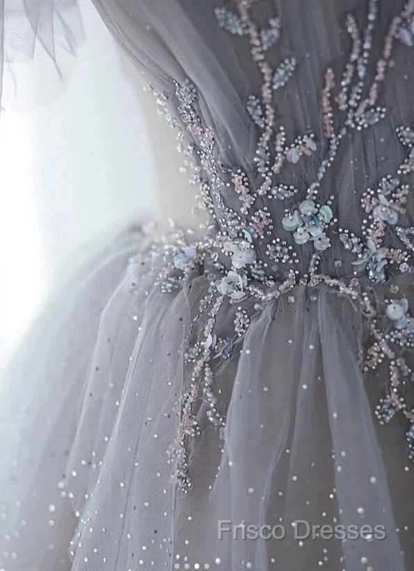 A-Line Princess Grey Beaded Layers Glitter Tulle Long Formal Dress Off Shoulder Formal Prom Dress Secondary image