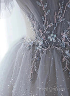 A-Line Princess Grey Beaded Layers Glitter Tulle Long Formal Dress Off Shoulder Formal Prom Dress