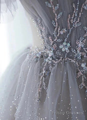 A-Line Princess Grey Beaded Layers Glitter Tulle Long Formal Dress Off Shoulder Prom Dress