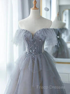 A-Line Princess Grey Beaded Layers Glitter Tulle Long Formal Dress Off Shoulder Formal Prom Dress