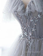 A-Line Princess Grey Beaded Layers Glitter Tulle Long Formal Dress Off Shoulder Formal Prom Dress