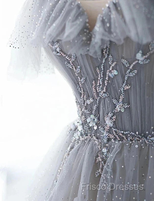 A-Line Princess Grey Beaded Layers Glitter Tulle Long Formal Dress Off Shoulder Formal Prom Dress