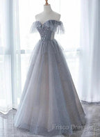 A-Line Princess Grey Beaded Layers Glitter Tulle Long Formal Dress Off Shoulder Formal Prom Dress