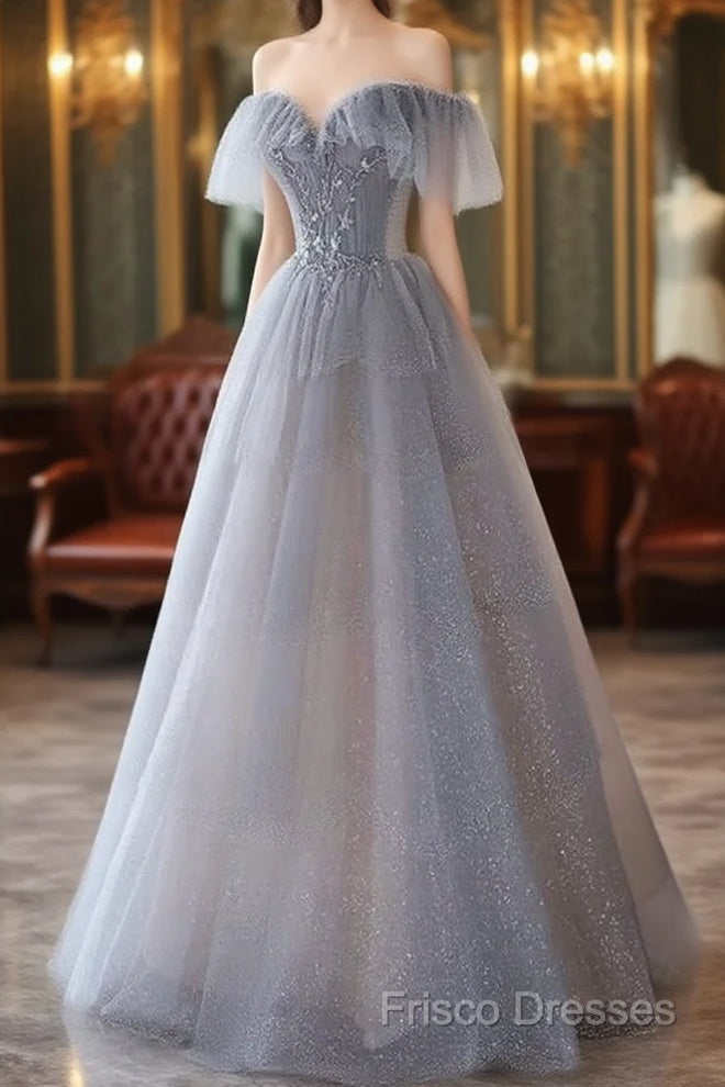 A-Line Princess Grey Beaded Layers Glitter Tulle Long Formal Dress Off Shoulder Formal Prom Dress Main image