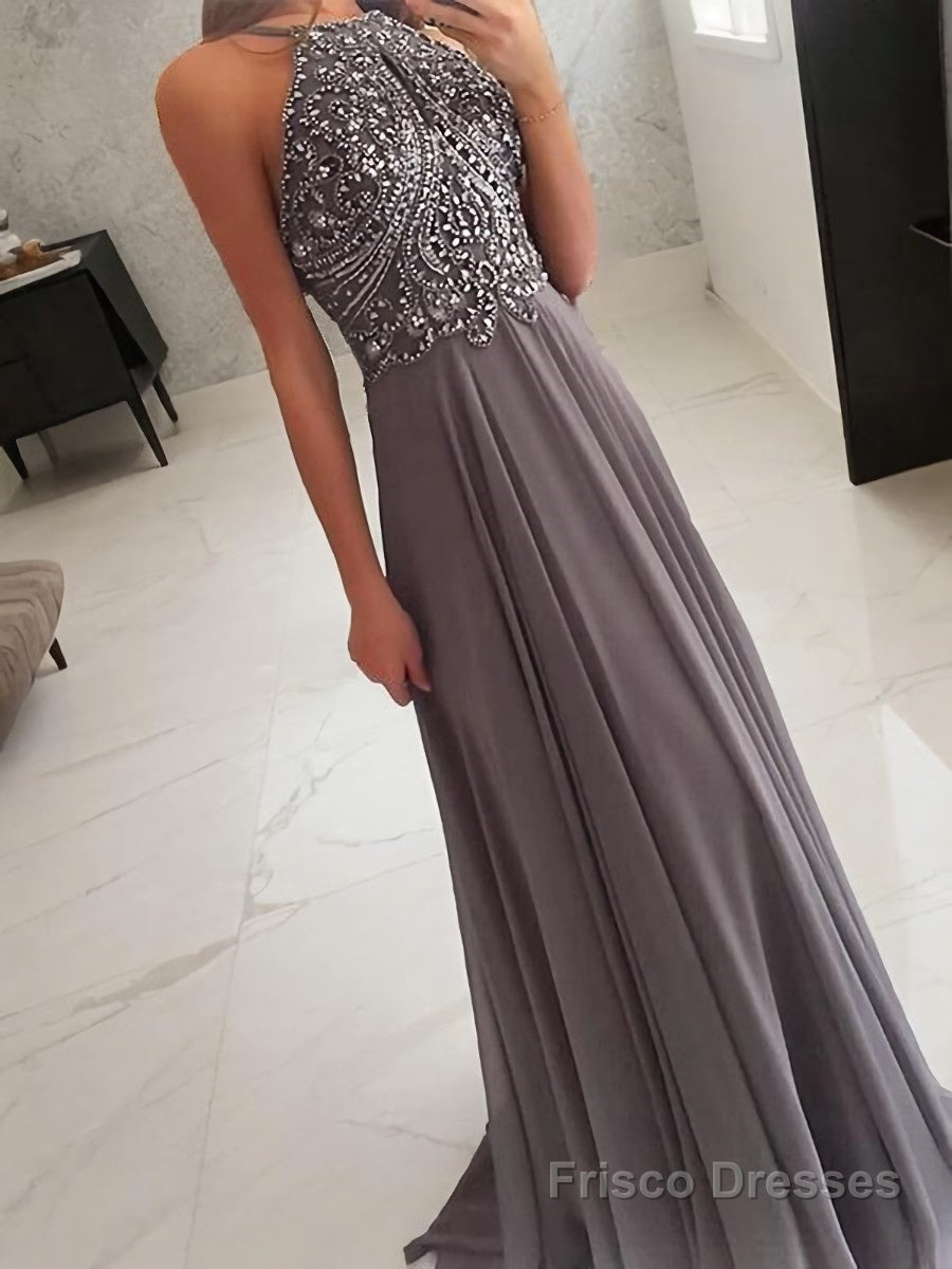 A-Line/Princess Halter Floor-Length Chiffon Prom Dresses With Beading Main image