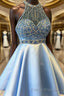 A-Line/Princess Halter Short/Mini Satin Homecoming Dress With Beading