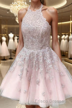 A-Line/Princess Halter Short/Mini Tulle Homecoming Dress With Appliques Lace