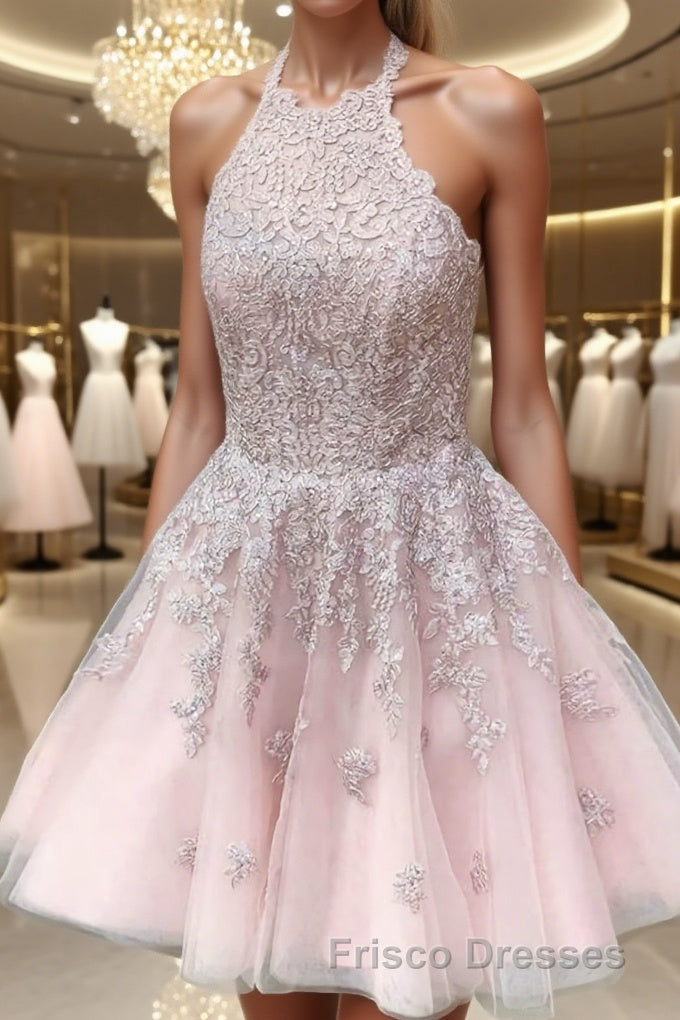A-Line/Princess Halter Short/Mini Tulle Homecoming Dress With Appliques Lace