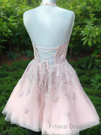 A-Line/Princess Halter Short/Mini Tulle Homecoming Dress With Appliques Lace