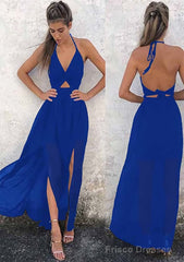 A-line/Princess Halter Sleeveless Ankle-Length Chiffon Prom Dresses With Split