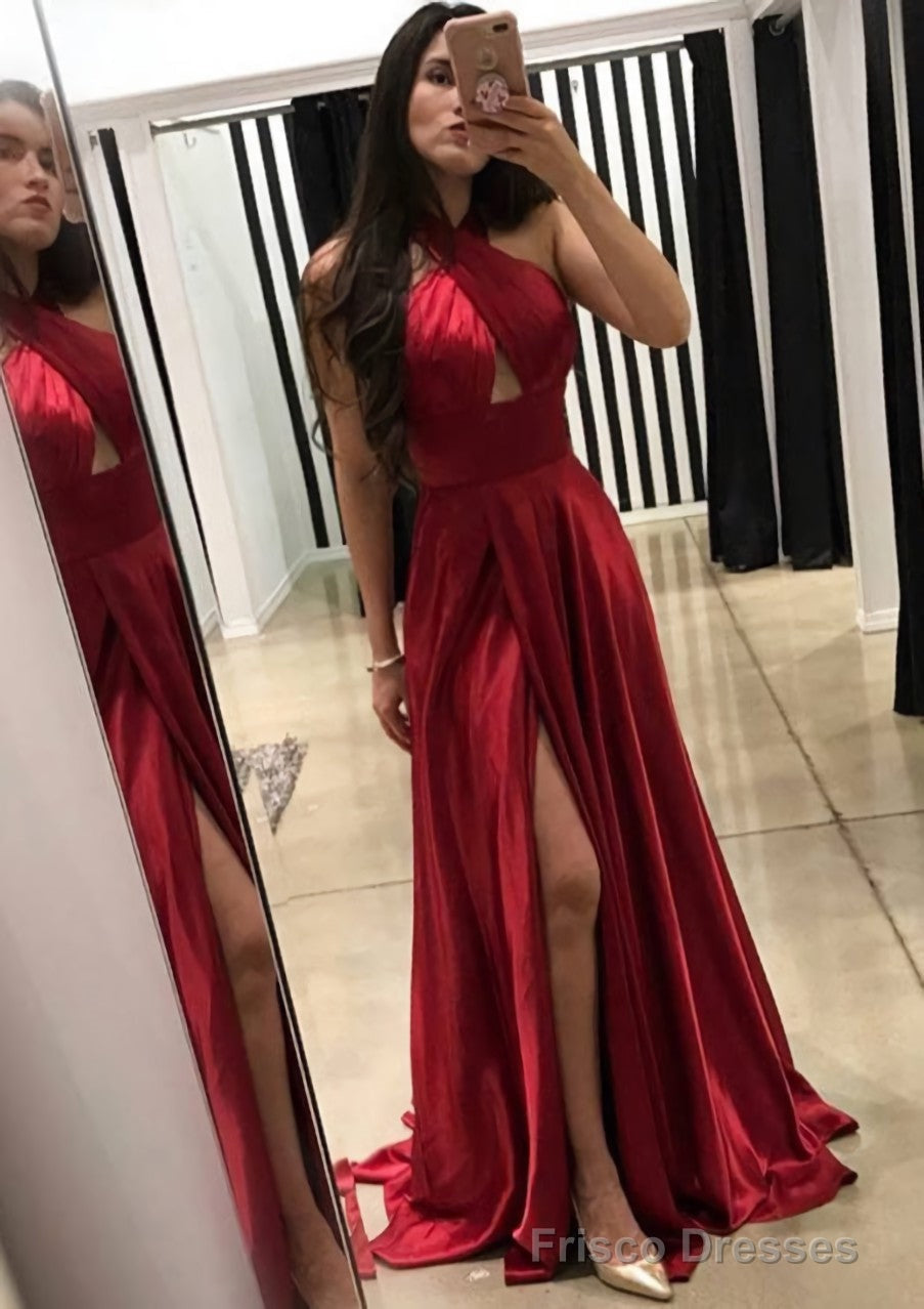 A-line/Princess Halter Sleeveless Sweep Train Charmeuse Prom Dresses With Split