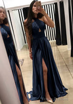 A-line/Princess Halter Sleeveless Sweep Train Charmeuse Prom Dresses With Split