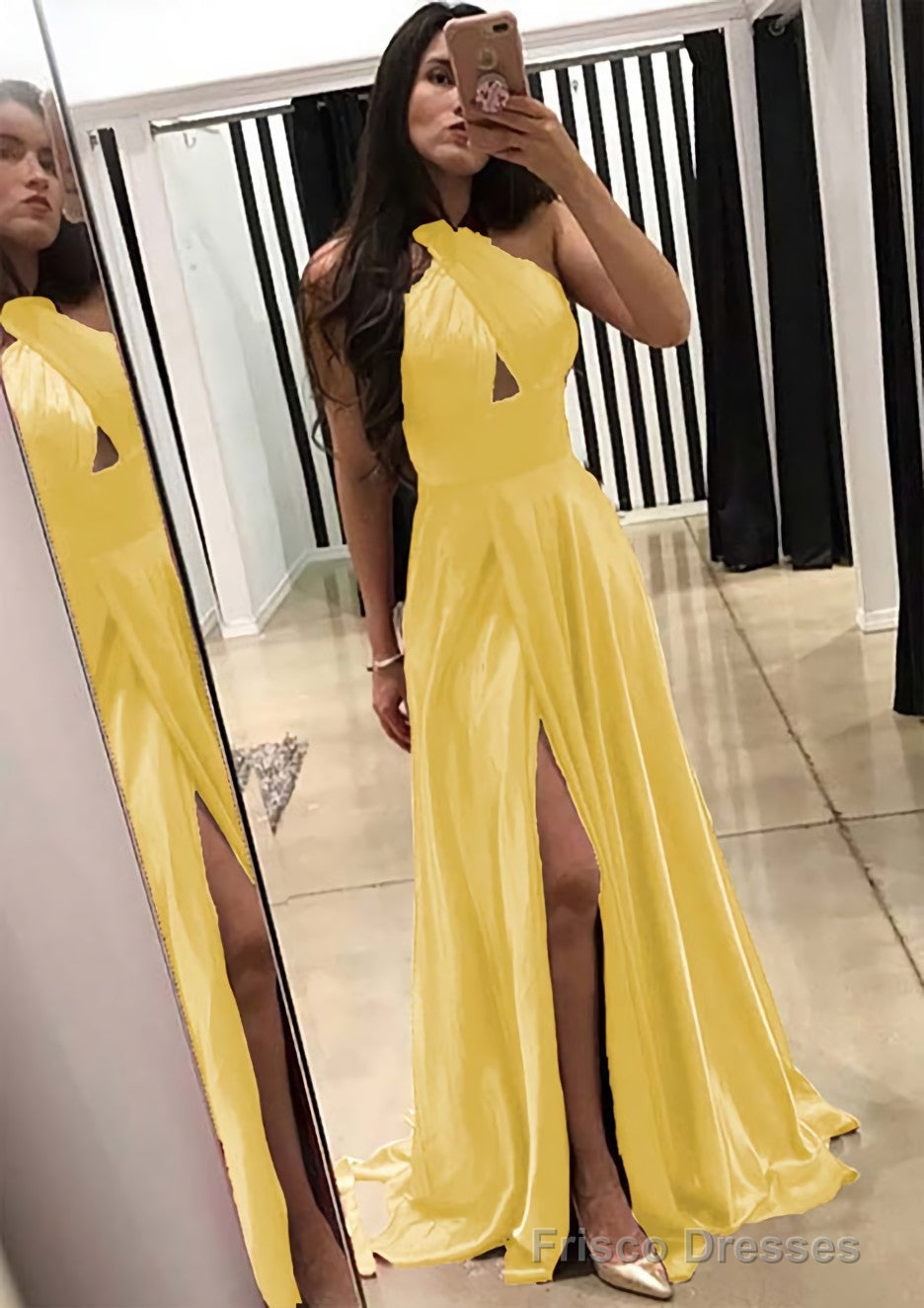 A-line/Princess Halter Sleeveless Sweep Train Charmeuse Prom Dresses With Split