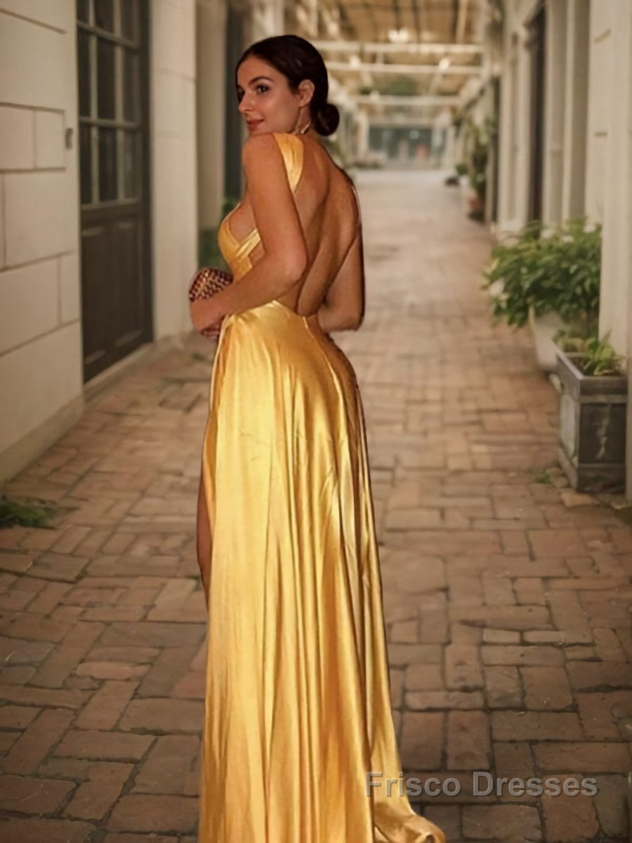 A-Line/Princess Halter Sweep Train Silk like Satin Prom Dresses With Leg Slit Secondary image