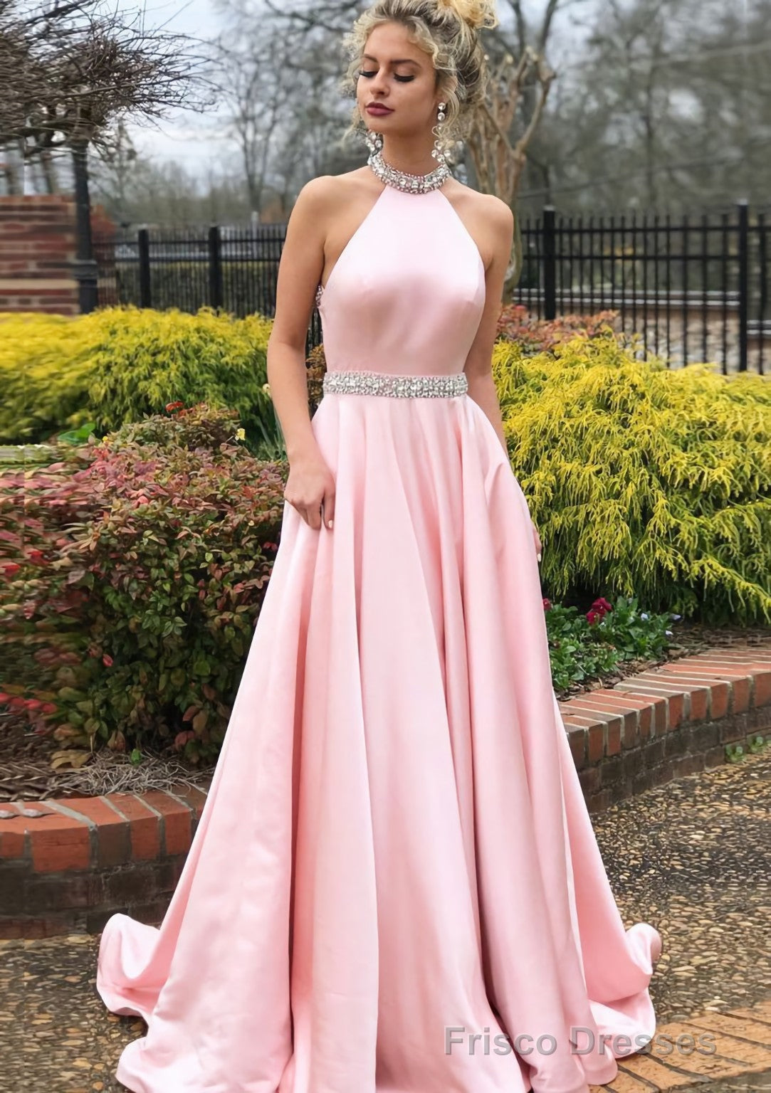 A-line/Princess High-Neck Sleeveless Sweep Train Satin Prom Dresses With Waistband Beading